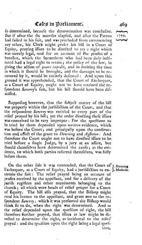 Reports of cases, upon appeals and writs of error, in the High Court of Parliament 1772 p.469